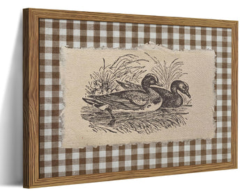 Duck Wall Art, Farmhouse Wall Decor, Vintage Ducks on Water Sketch Picture, Wood Framed Wildlife Painting, Brown