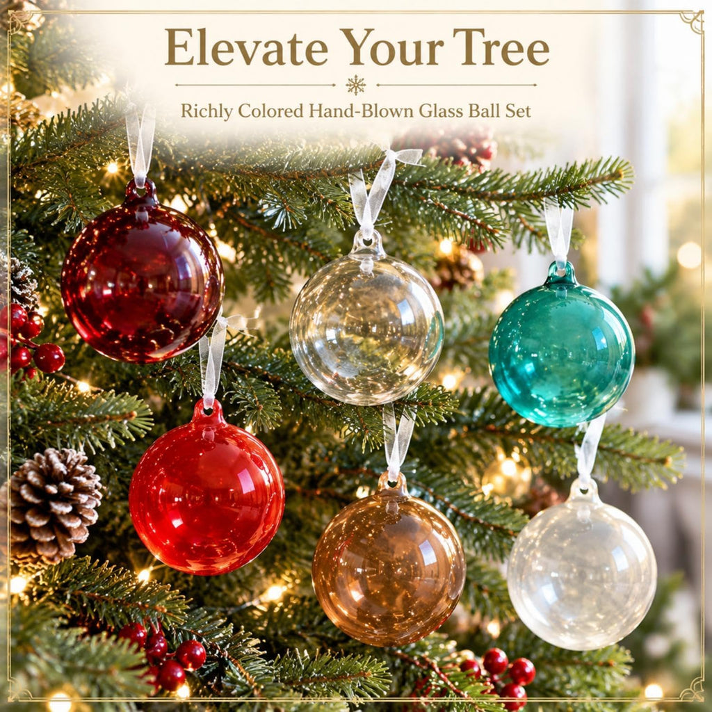 6 Pcs 3.15 Inch Colorful Christmas Hand Blown Glass Ball Ornaments