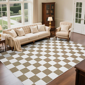 Washable Checkered Rug, 5x7 ft Beige and White Rug, Low Pile Area Rugs with Non-Slip Backing Playroom Classroom