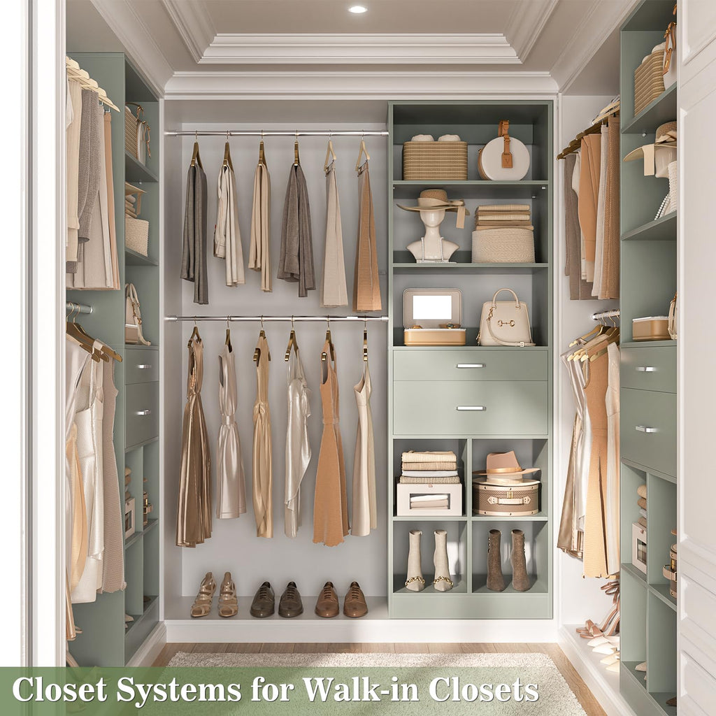 Closet System, 4-8 FT Closet Organizer Tower with 2 Wooden Drawers and Shelves, Can Fit 60 to 96 inch Walk-in Closet