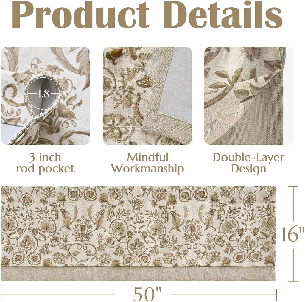 Linen Valance Kitchen Curtain for Windows Double Layer 16 Inch for Living Room Bedroom Window Treatment Light