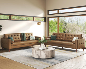 Mid-Century Genuine Leather Couch - 2 Piece 3 Seater Modern Sofa, Comfy Couch - Brown Leather