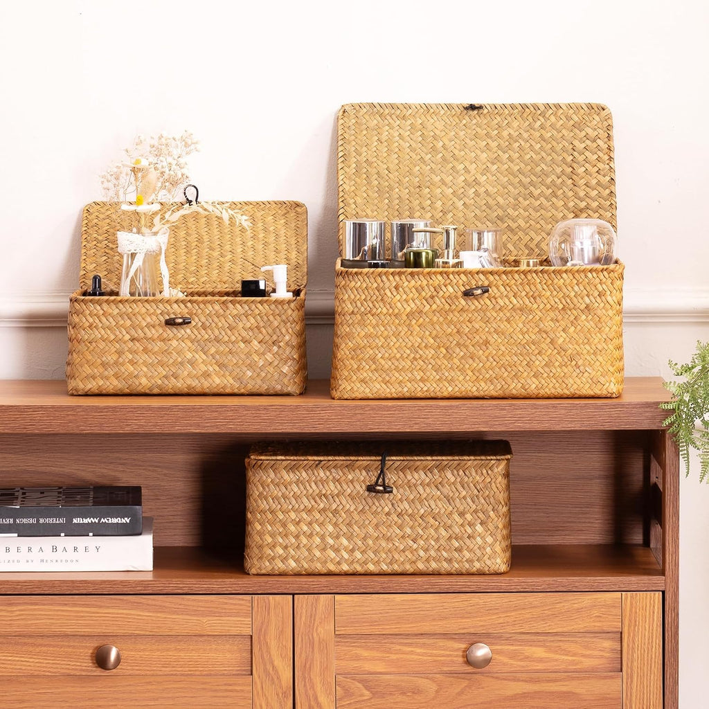 Storage Basket with Lid, Natural Seagrass Bin with Lid Set of 3, Shelf Baskets Multipurpose Container for Boho