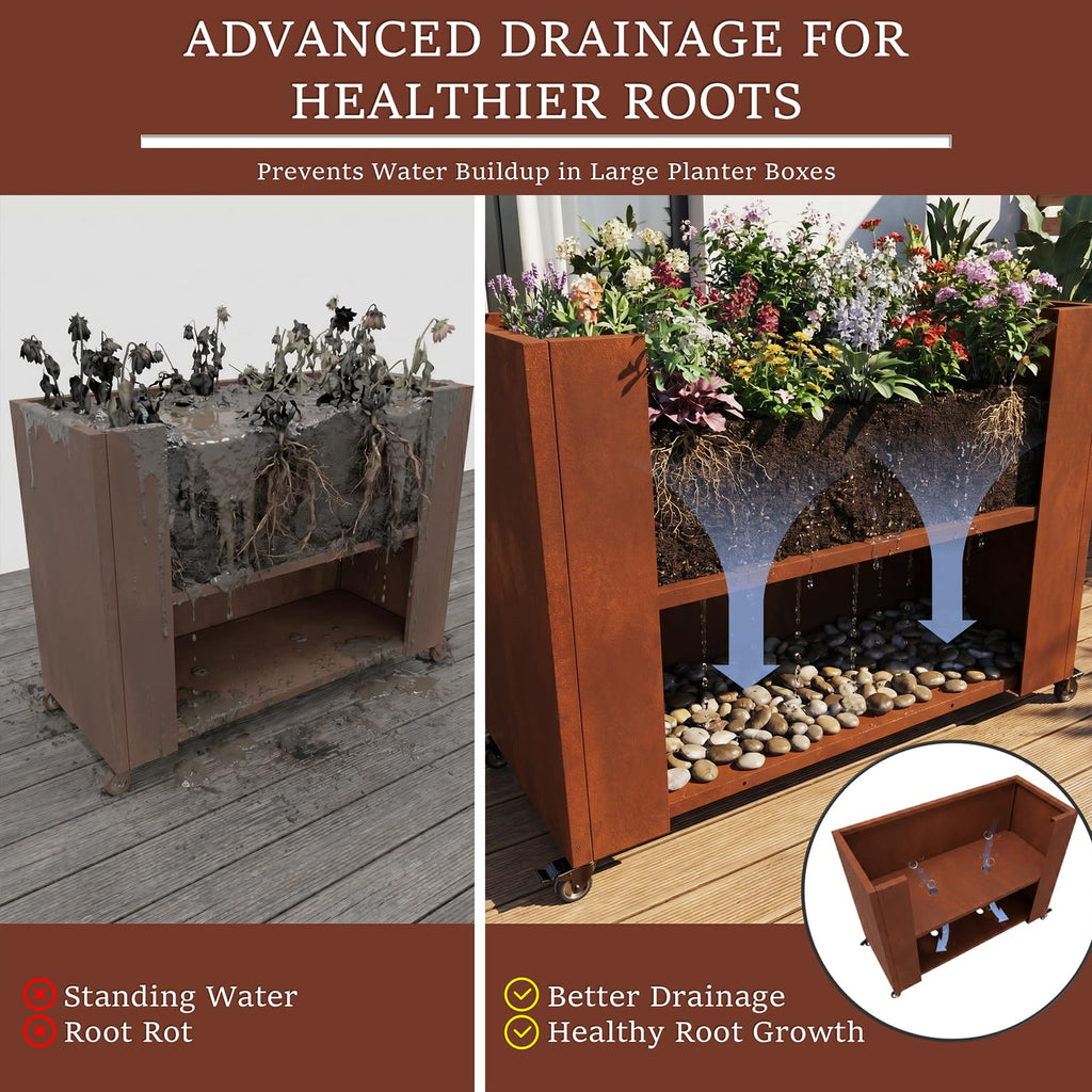 36" L x 12" W x 27" H Corten Steel Planter Box with Wheels