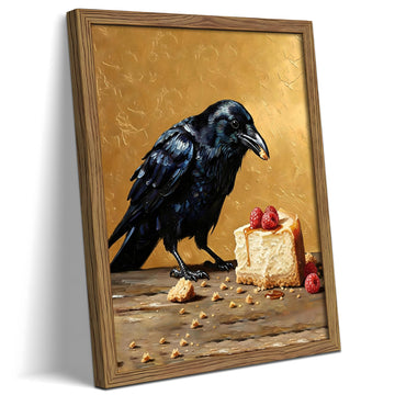 Framed Crow Halloween Wall Art, Funny Raven Wall Decor Painting Picture, Vintage Bird Dessert Canvas Print Poster