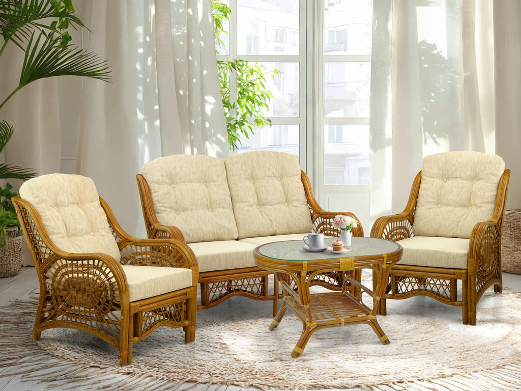 Malibu Lounge Living Accent Armchair Natural Rattan Wicker Handmade Design, Colonial with Cream Cushion