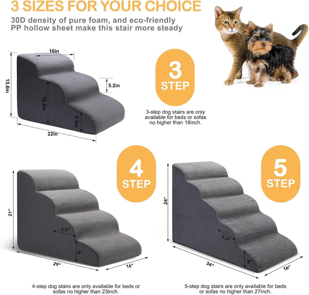 Dog Stairs for Bed, 5-Step Dog Steps for Couch and High Bed, Non-Slip Pet Stairs, 24" High Sofa Foam Ramp - Best