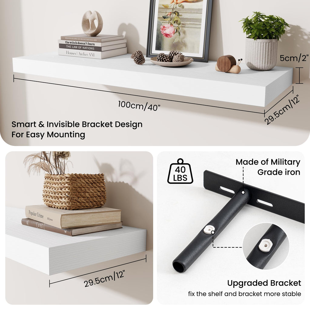 Floating Shelves for Wall, 40 Inch Floating Shelf Decor, Wall Mounted Rustic Wood Shelves 12 Inch Deep, Hanging Deep