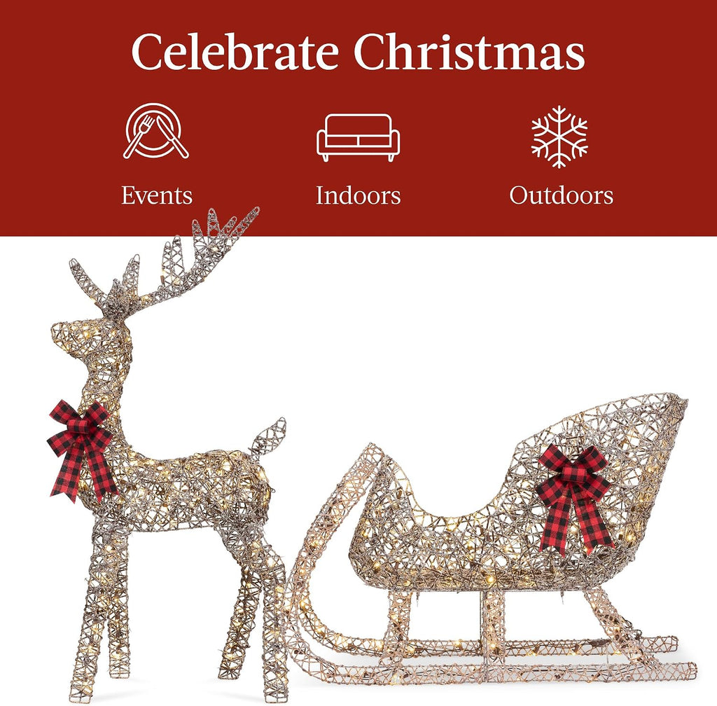 Lighted Christmas 4ft Reindeer & Sleigh Holiday Outdoor Yard Decoration Set w/ 205 LED Lights, Stakes, Zip Ties
