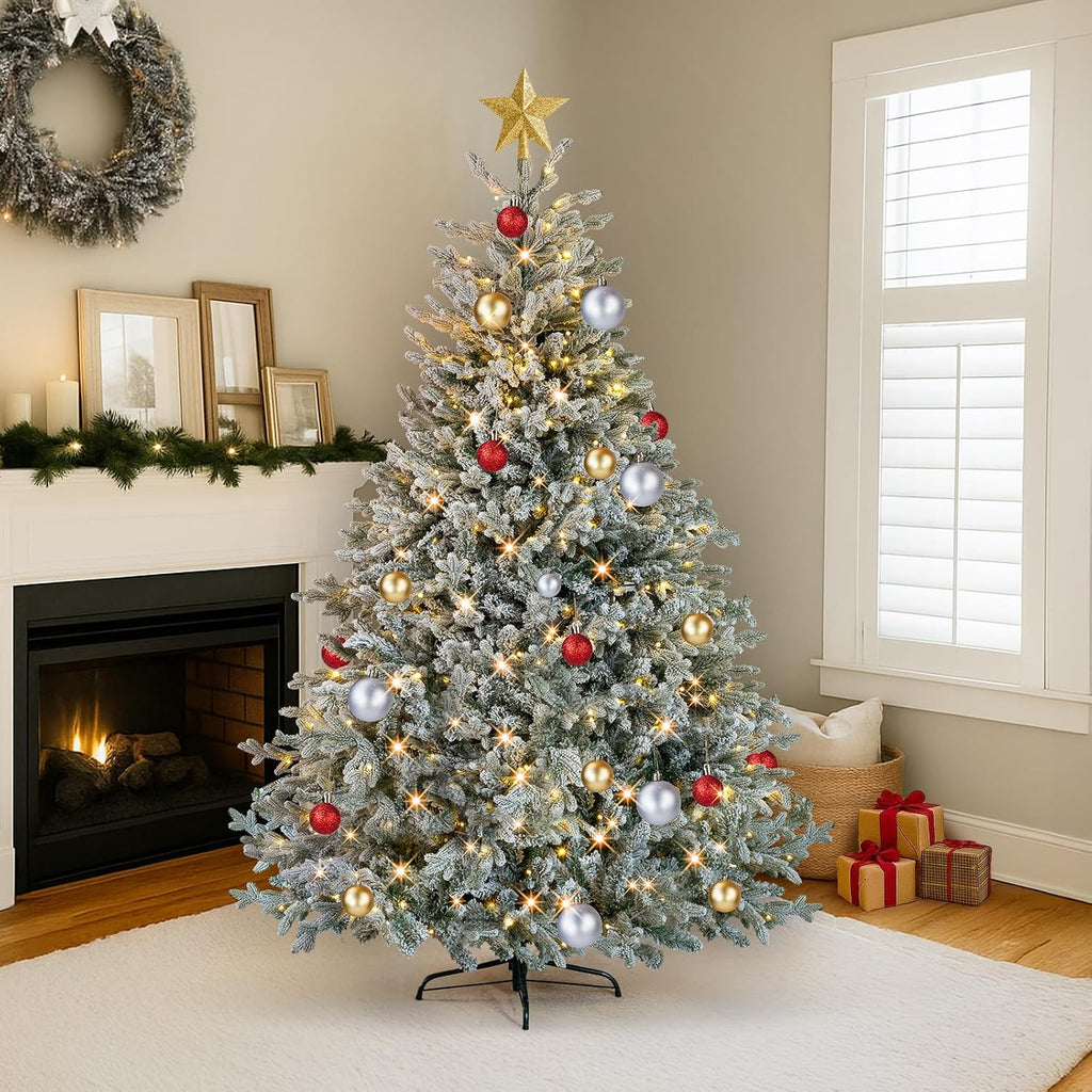7ft Flocked Xmas Tree with 400 Warm White LED Lights, Pre-lit Design, 1100 Branch Tips, 8 Dynamic Modes, PE and PVC