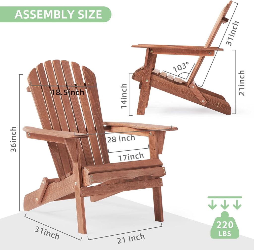 Wooden Folding Adirondack Chair Set of 2, Half Pre-Assembled Outdoor Wood Patio Lounge Chair for Lawn Backyard Deck