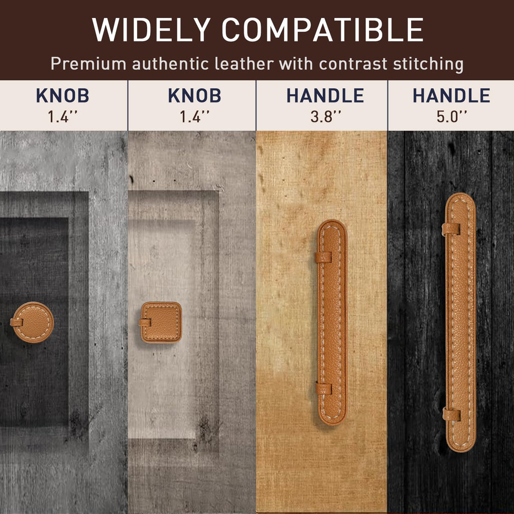 2 Pack Leather Cabinet Handle Pulls 5" Hand-Stitch Brown Leather Drawer Pulls Dresser Handle Pulls for Cabinets