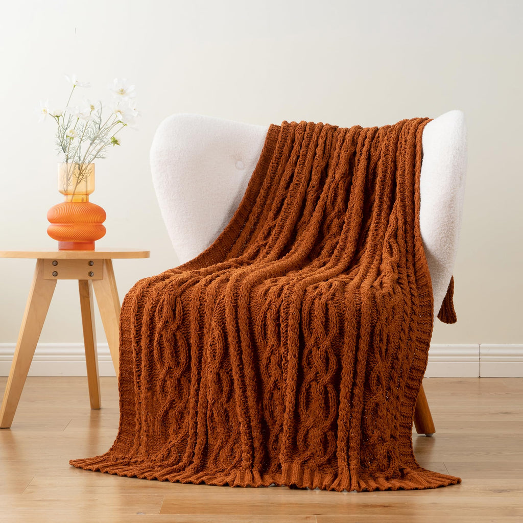 Rust Orange Throw Blanket for Couch, 51" x 67", Cable Knit Blanket