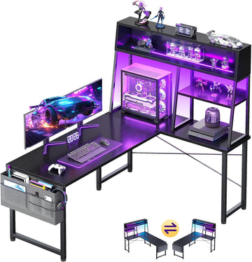 51 Inch L Shaped Gaming Desk with Display Shelves, LED Lights, Black | PC Tower Display Shelf, Display Hutch, Hanging