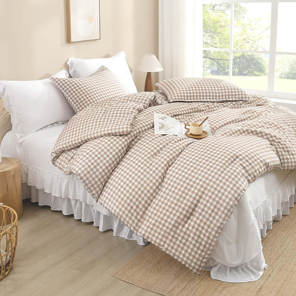 Tan Gingham Comforter Set Twin(66x90Inch), Brown Checkered Grid Plaid Buffalo Bed Set for Girls Boys Kids Teens, 2