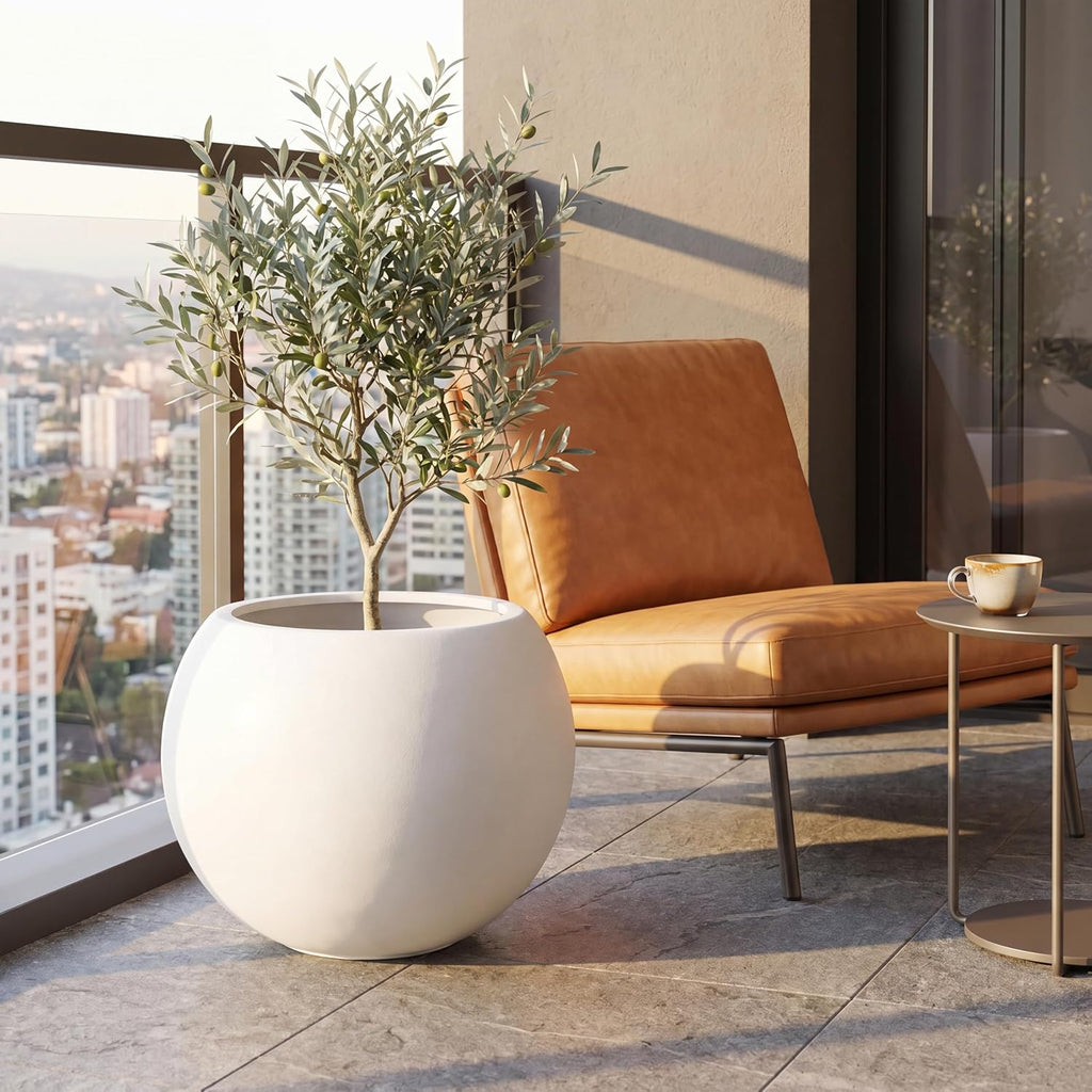 17" H x 21" Dia White Fiberstone Planter Pot with Drainage Hole, Extra Large Round Indoor Outdoor Flower Pot for