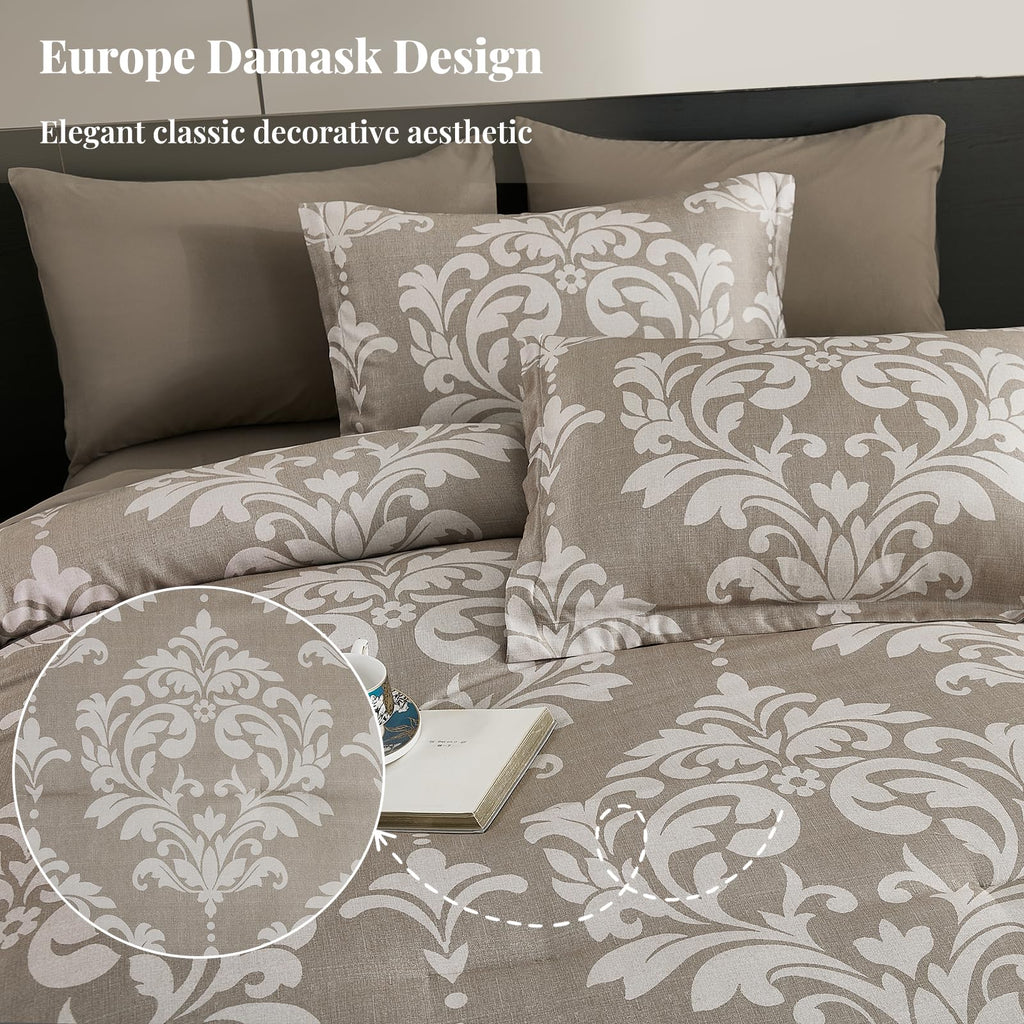 Queen Luxury Comforter Set Taupe 7 Piece Boho Damask Bedding