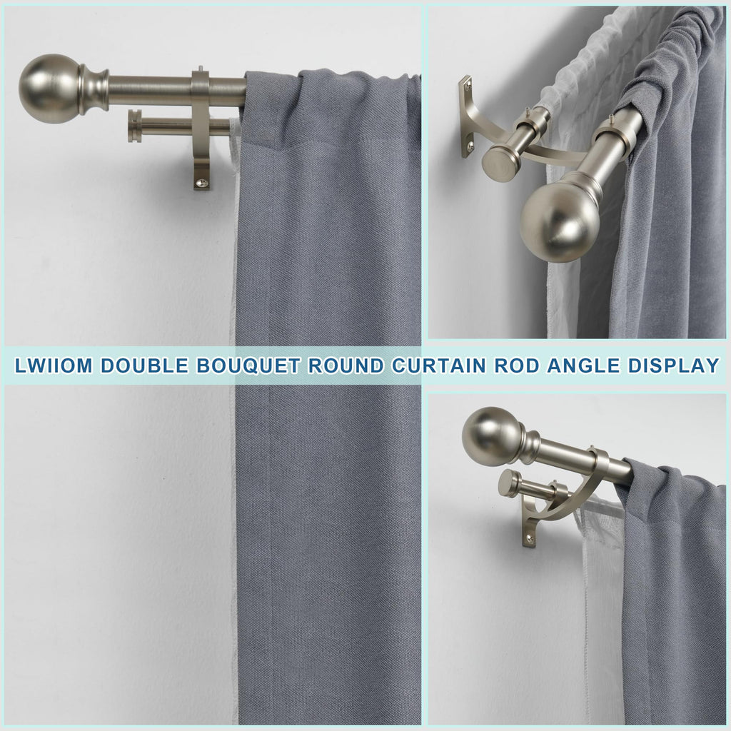 Double Curtain Rods with Aluminum Bouquet Brackets and Round Finials, Brushed Nickel Curtain Rods for Windows 28 to 48