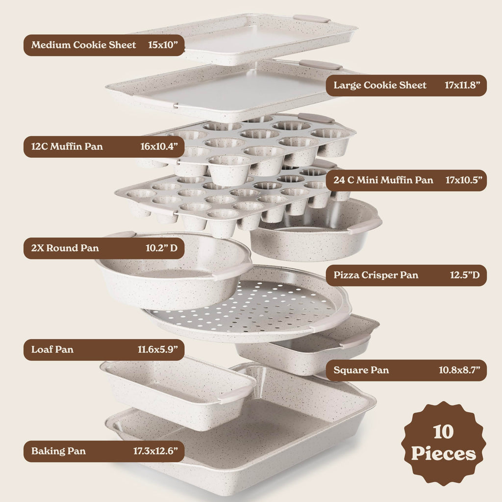 Nonstick Stackable Bakeware Set - Heavy Duty, Durable, Easy Release Baking Set, Cream, 10 Pcs
