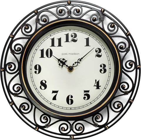 Park Madison Decorative Iron Style Wall Clock 12 Inch Silent Battery Operated Vintage Elegant Retro Clocks for Living