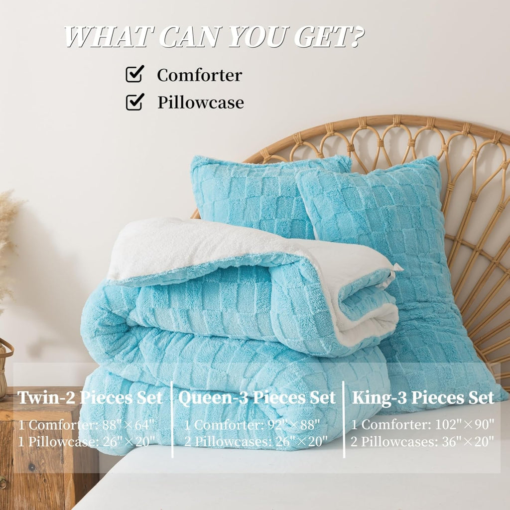Fluffy Comforter Set King, Light Blue Winter Fleece Comforter Ultra Soft & Extra Pluffy Plush Comforter Set