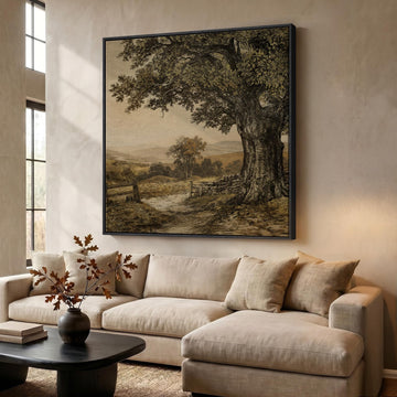 Extra Large Framed Vintage Tree Landscape Wall Art, Square
