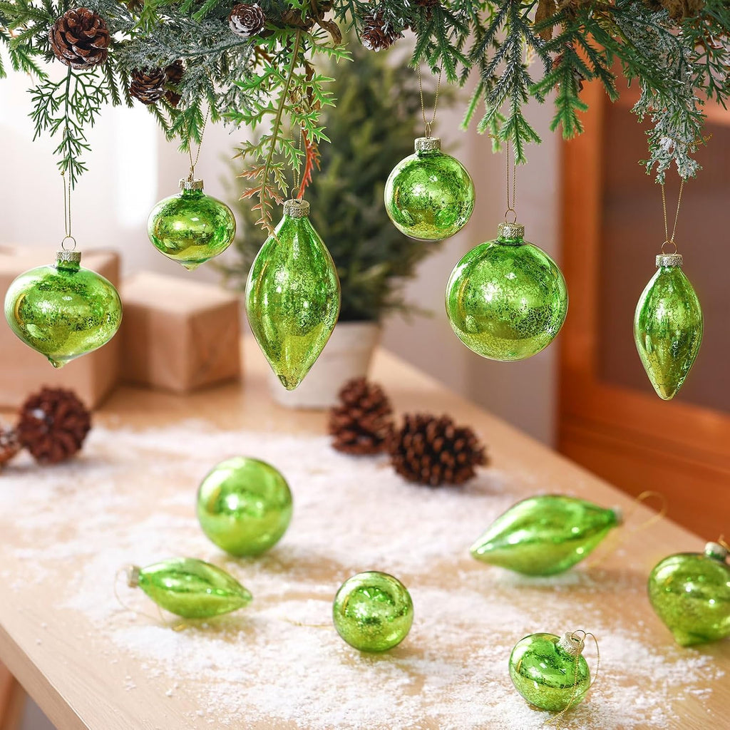12 Pcs Lime Green Mercury Glass Christmas Ball Ornaments Vintage