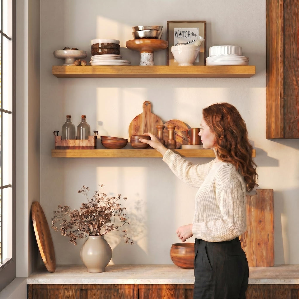 Solid Wood Floating Shelves for Wall, Set of 1 - 72 Inch Rustic Farmhouse Wall Shelf, Deep Natural Wood Storage Shelf