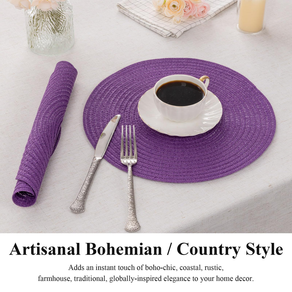 13" Round Braided Placemats Set of 4, Purple Place Mats