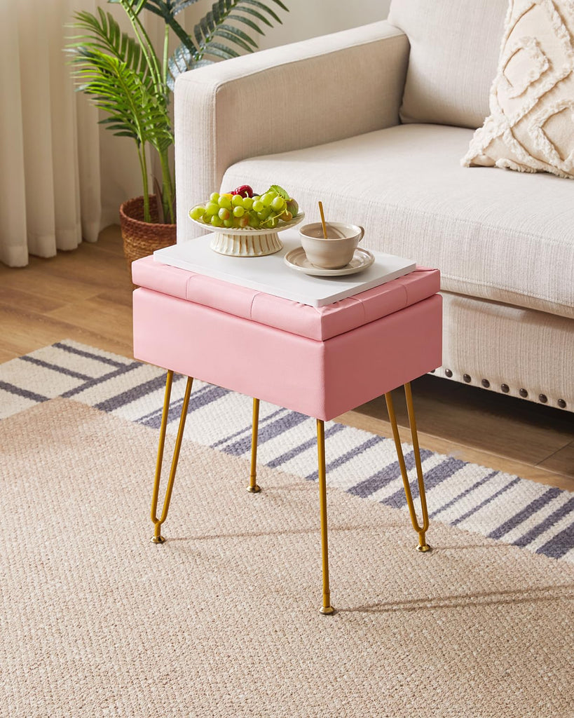 PU Storage Vanity Stool with Flip Tabletop, Ottoman, Pink