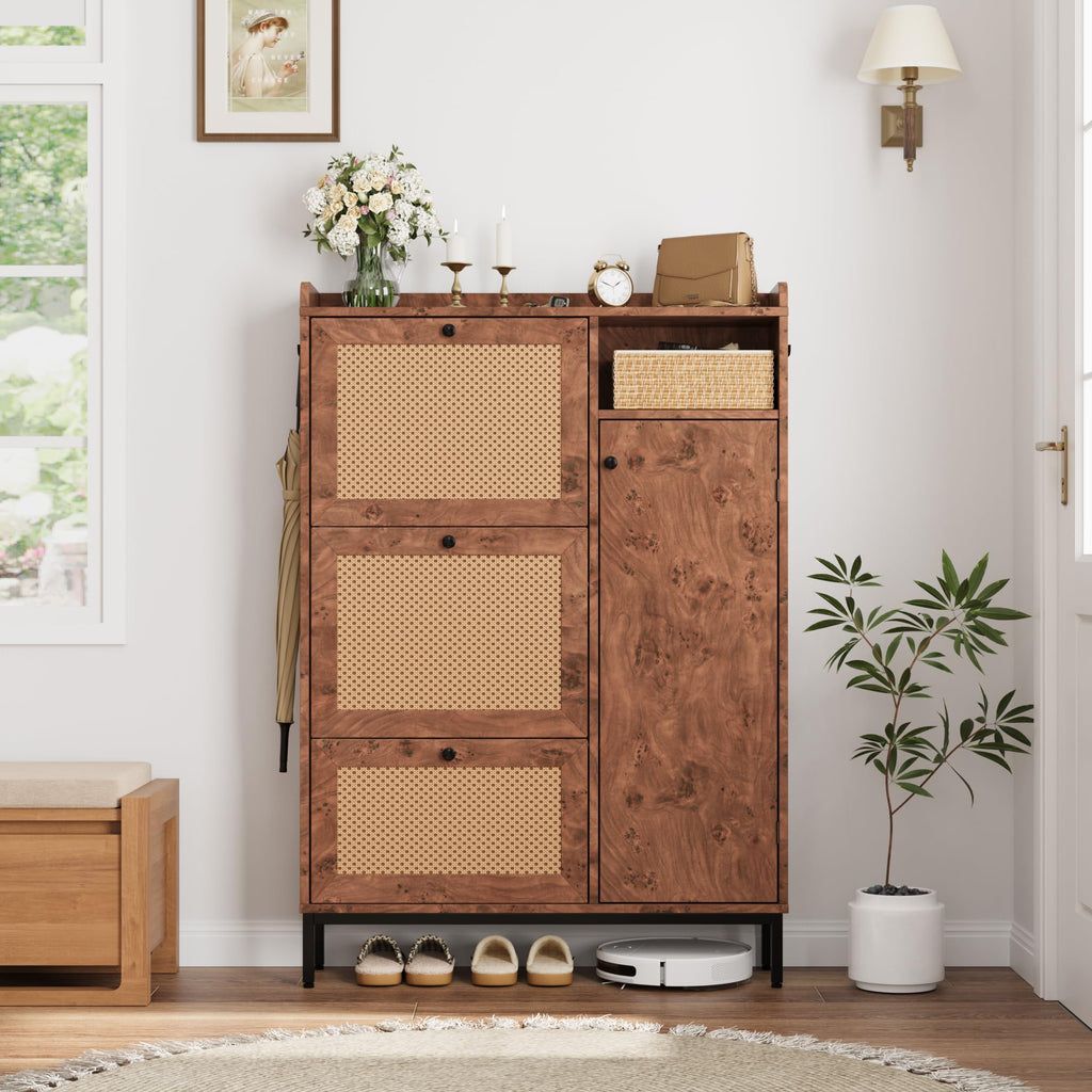 Shoe Cabinet Rattan with 3 Flip Drawers