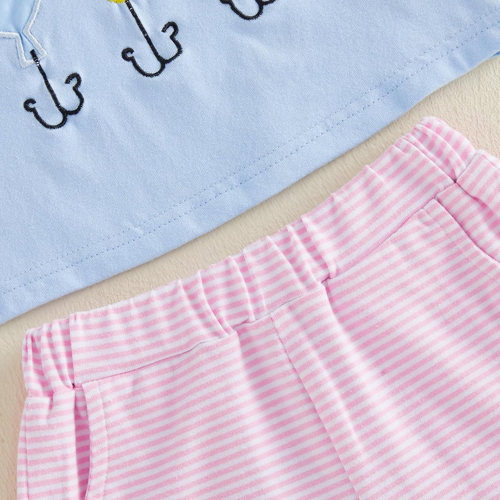 Toddler Baby Girl Fishing Outfit Fish Embroidery T-Shirt Top Striped Ruffle Shorts Set 2Pcs Girls Summer Clothes