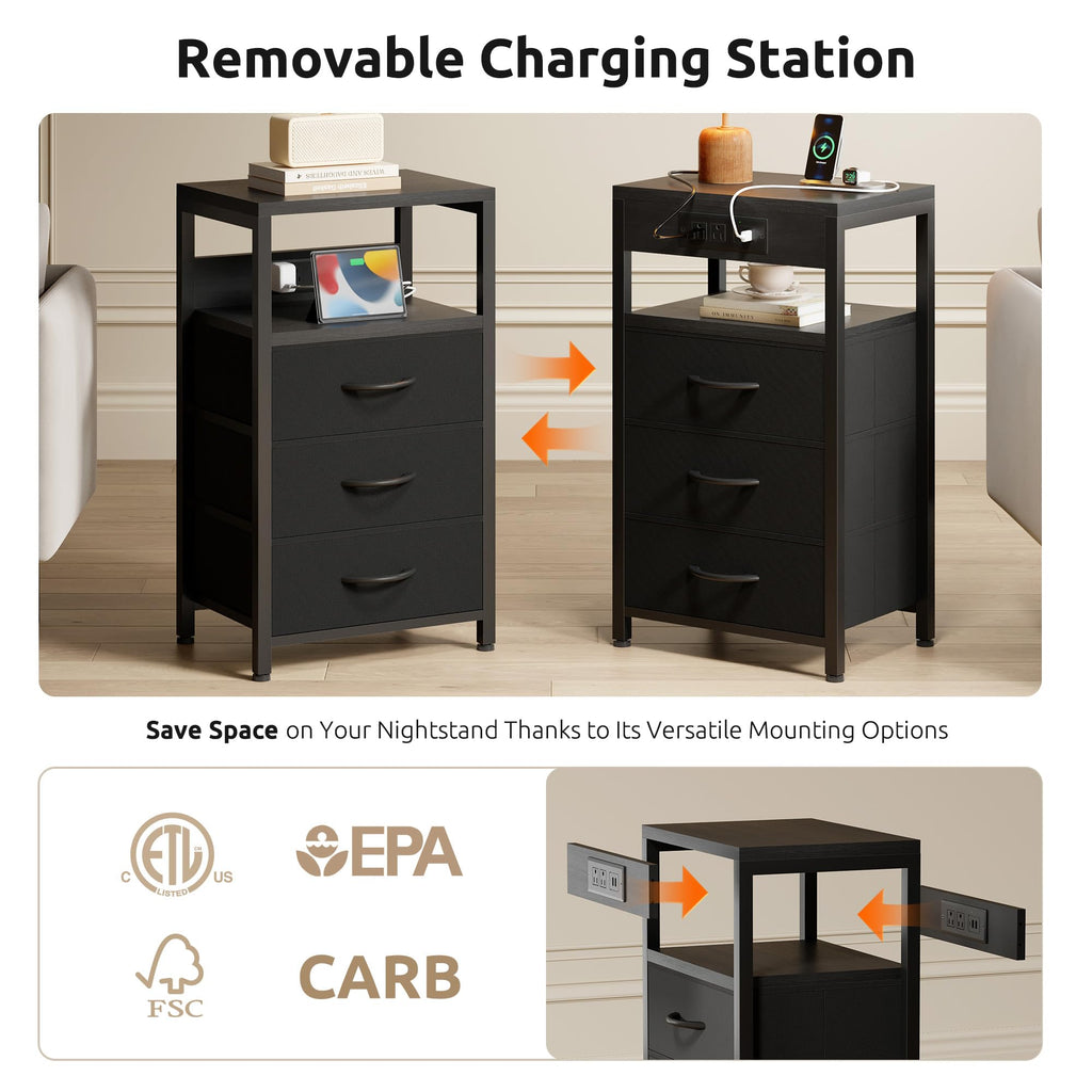 Night stand with Charger Station, 3 Fabric Drawers, Black