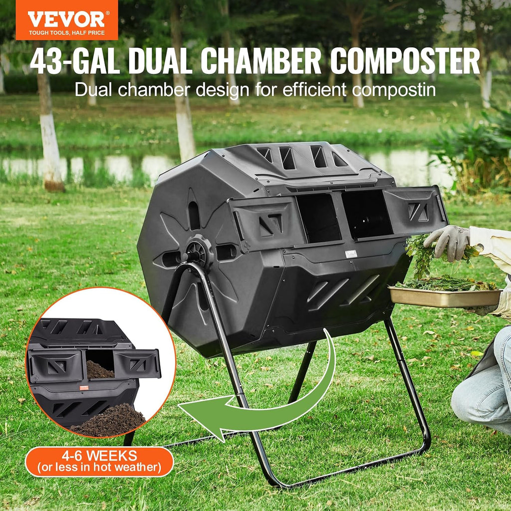 Compost Bin, 43-Gal Dual Chamber Composting Tumbler, Large Tumbling Rotating Composter with 2 Sliding Doors and Steel