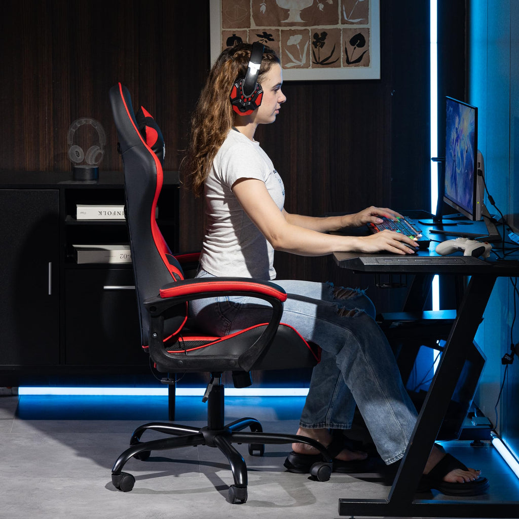 Gaming Chair PU Leather Massage PC Video Game Chair with Lumbar Support for Men Women, Home Office, Height