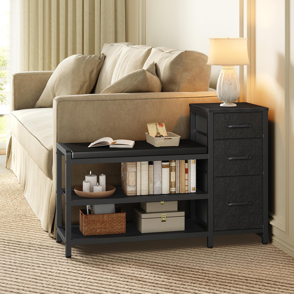 Entryway Bench with Shoe Storage, 3-Tier Shoe Rack Bench with Wooden Shelves and 3 Non-Woven Drawers, PU Padded Shoe
