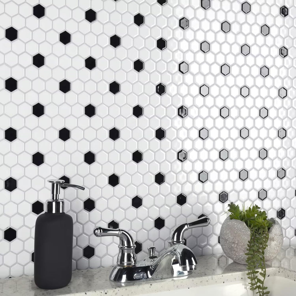White and Black Hexagon Polished Porcelain Mosaic Tile - Classic Glossy Geometric Wall and Floor Tile , and