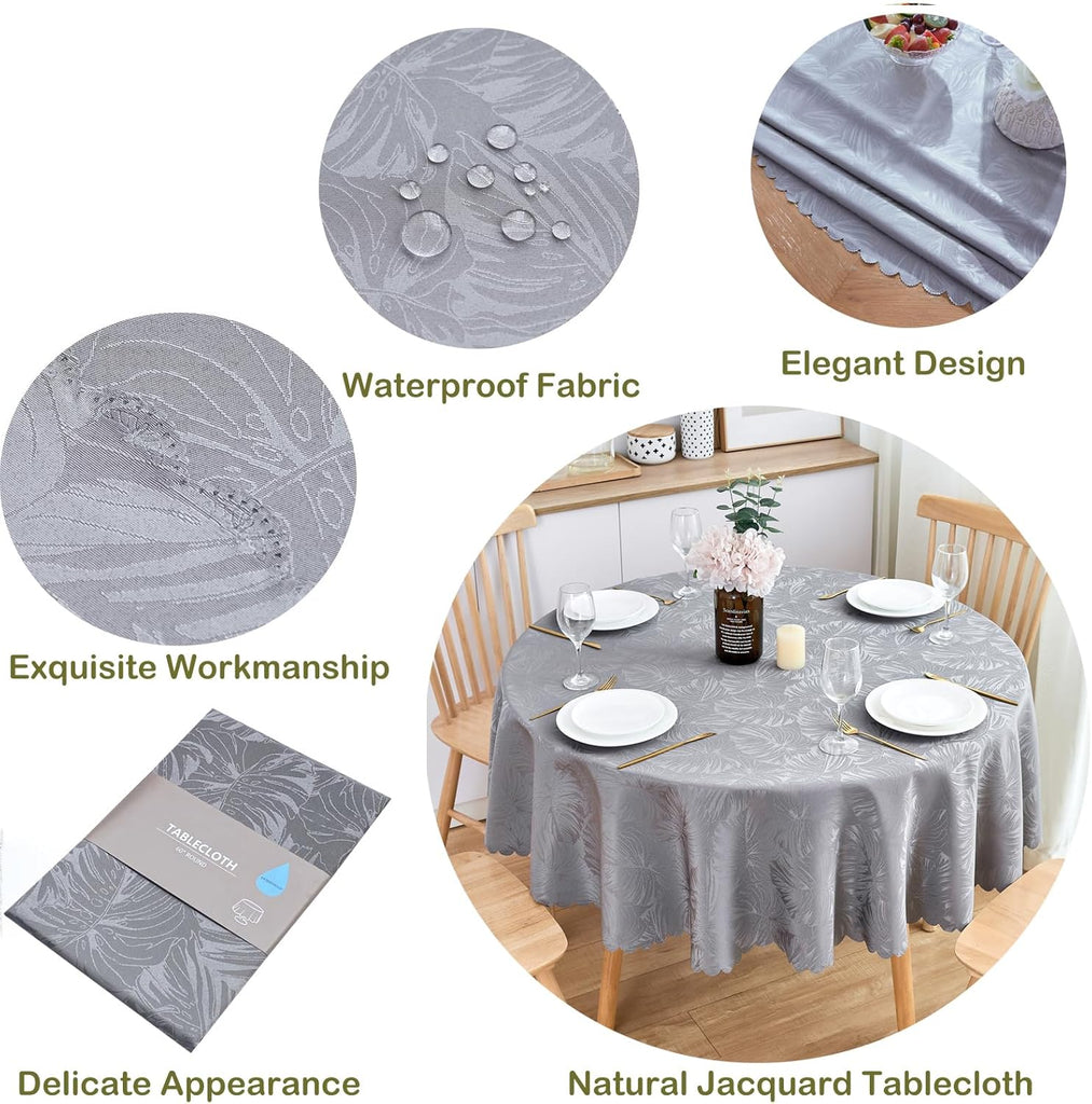 Jacquard Round Tablecloth 60 Inch Grey Table cloth Leaves Pattern Scalloped Edge Silky Soft Waterpro