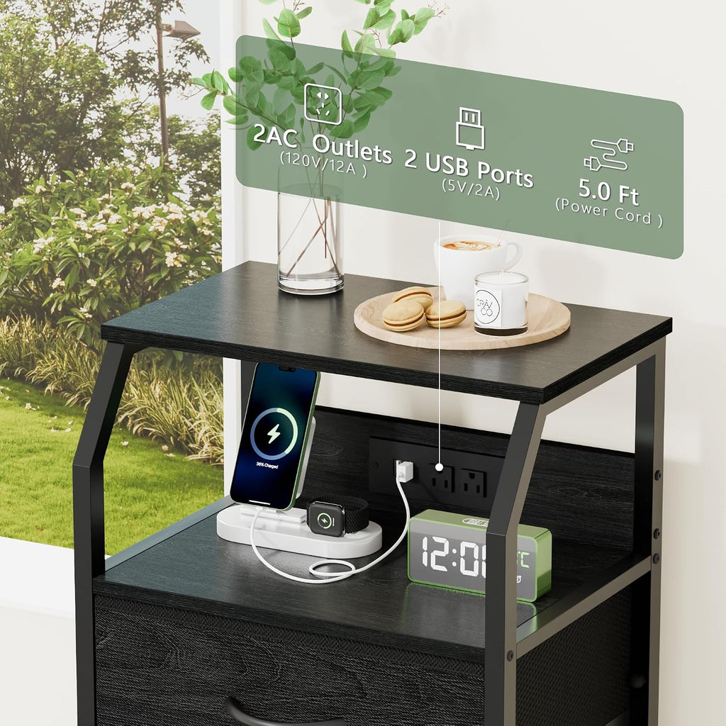 5 Drawers Dresser with Charging Station, Fabric Chest of Drawers with Open Shelf, Tall Night Stand, Bedside Table for