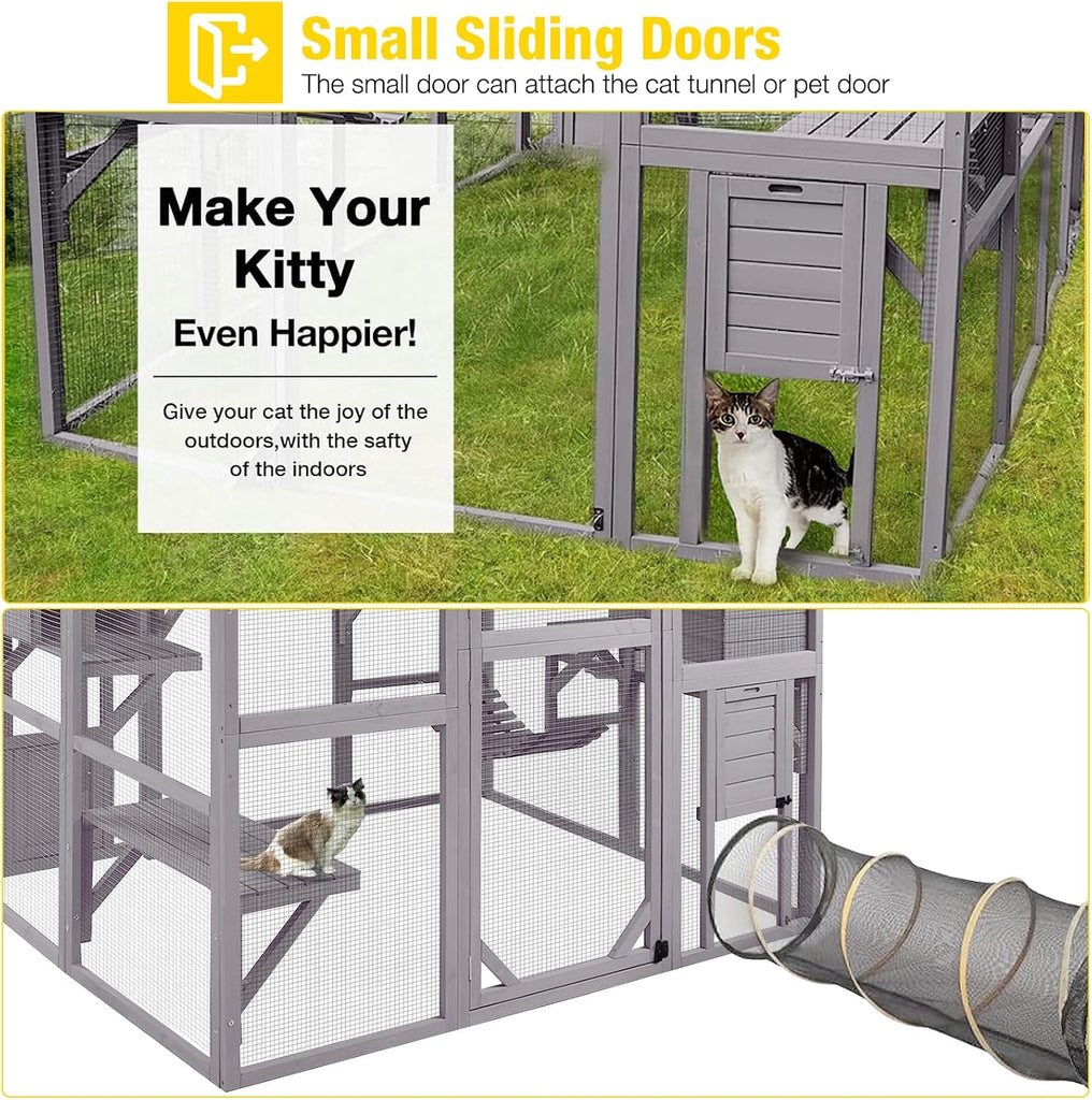 Cat House Outdoor Catio Kitty Enclosure with Super Large Enter Door, Wooden Cat Cage Condo Indoor Playpen