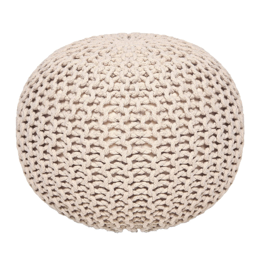 Round Pouf Ottoman - Hand Knitted Boho Poof Footrest - Ivory