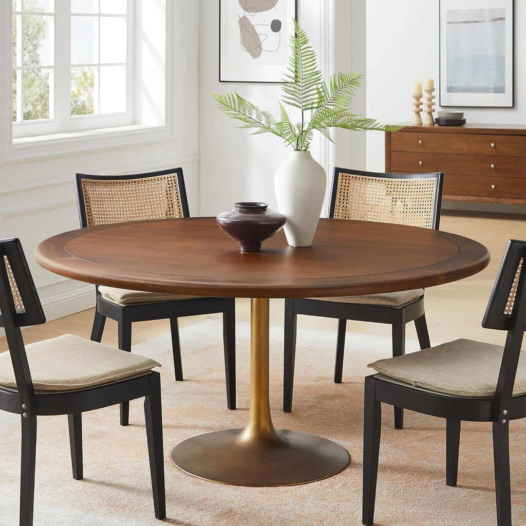 Lippa 60 Inch Round Wood Dining Table with Metal Pedestal in Brass Walnut - Modern Industrial Dining Table for 6