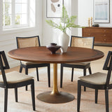 Lippa 60 Inch Round Wood Dining Table with Metal Pedestal in Brass Walnut - Modern Industrial Dining Table for 6