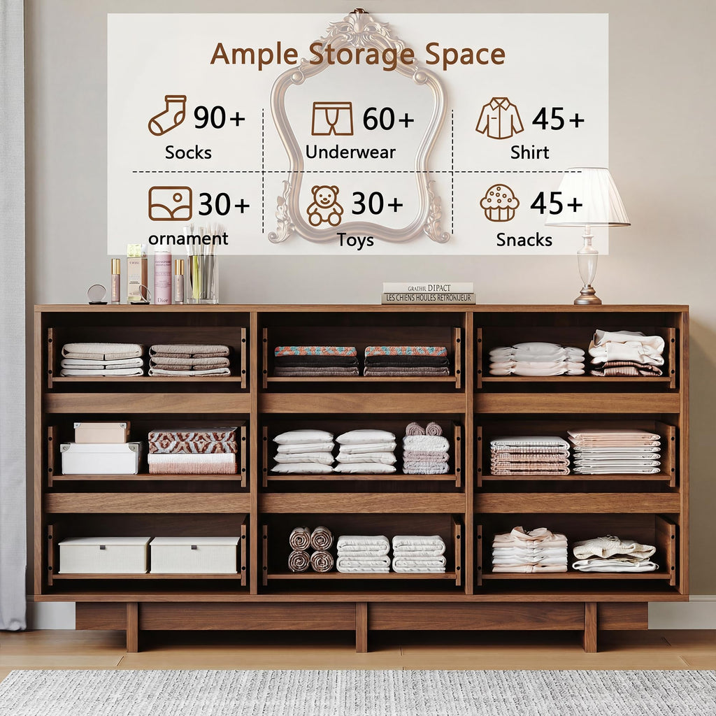 Walnut Dresser, 59in Modern 9 Drawer Chest of Drawers