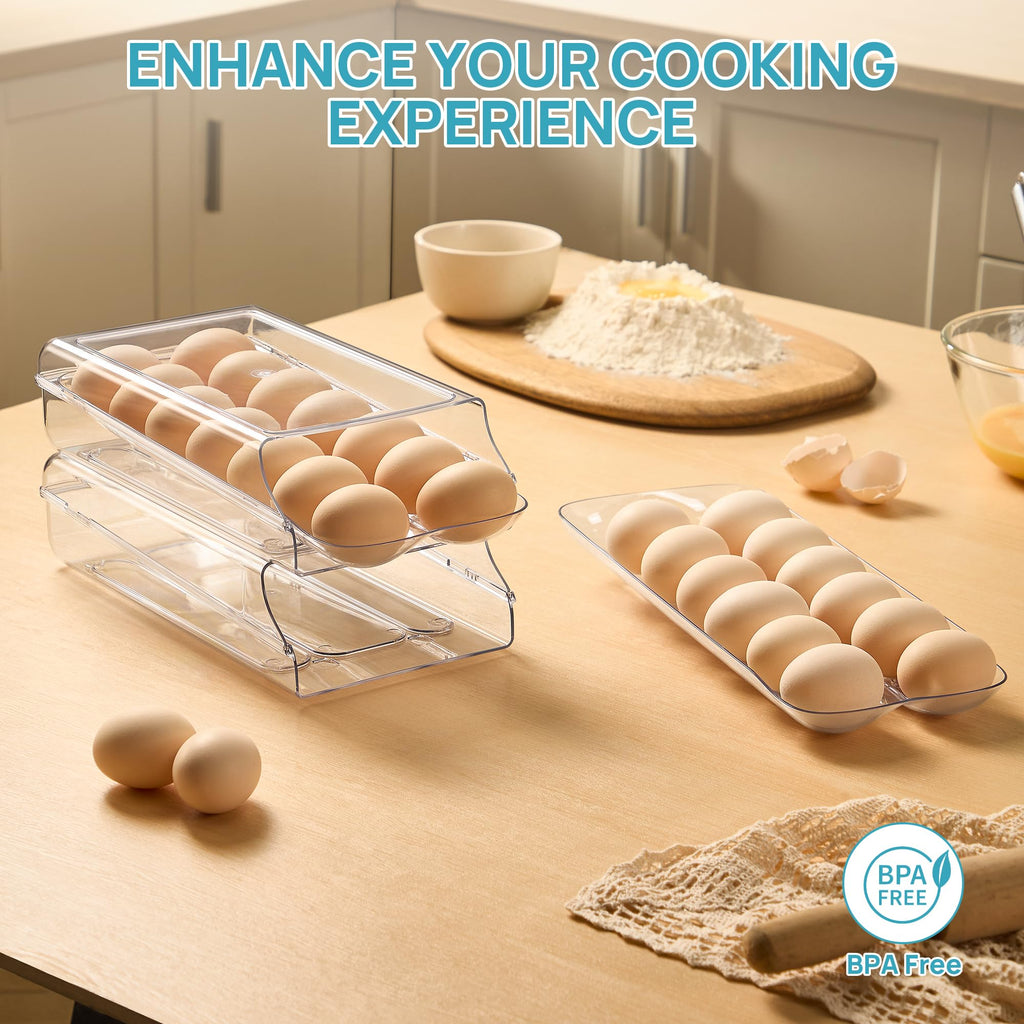 2 Pack Egg Holder for Fridge, Automatic Rolling Egg Container