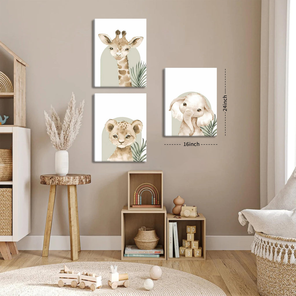 Nursery Wall Decor Set of 3, Cute Animal Lion Elephant Baby Pictures Poster Prints, Giraffe Jungle Canvas Wall Art
