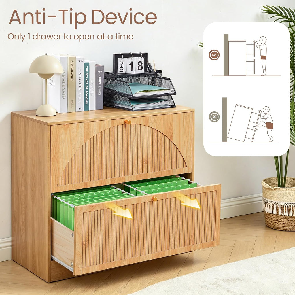 Fluted 2 Drawer Office Lateral File Cabinet | Mid-Century Modern, Hanging Rod, A4/Legal/Letter, Ultra-deep Drawers