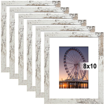 8x10 Picture Frame Distressed White Set of 6, Display Pictures 5x7 with Mat or 8x10 Without Mat for Wall Mounting or