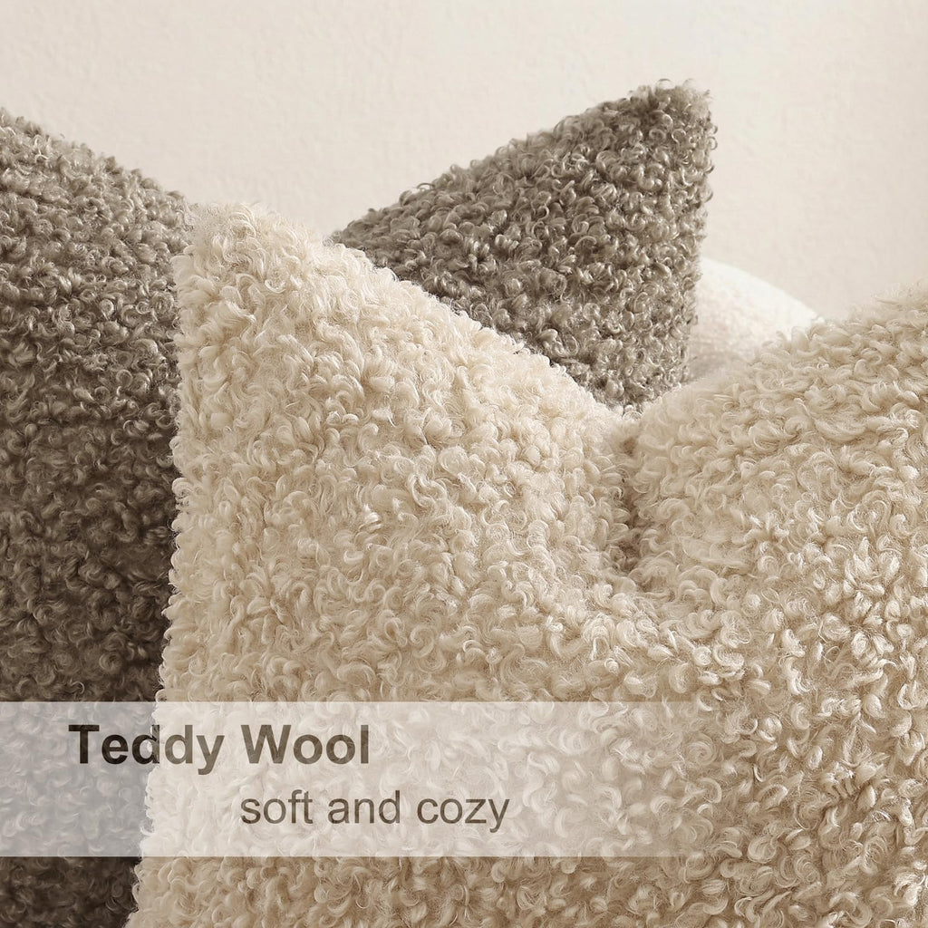 Sherpa Throw Pillow Covers 20x20 Set of 2 Neutral Oatmeal