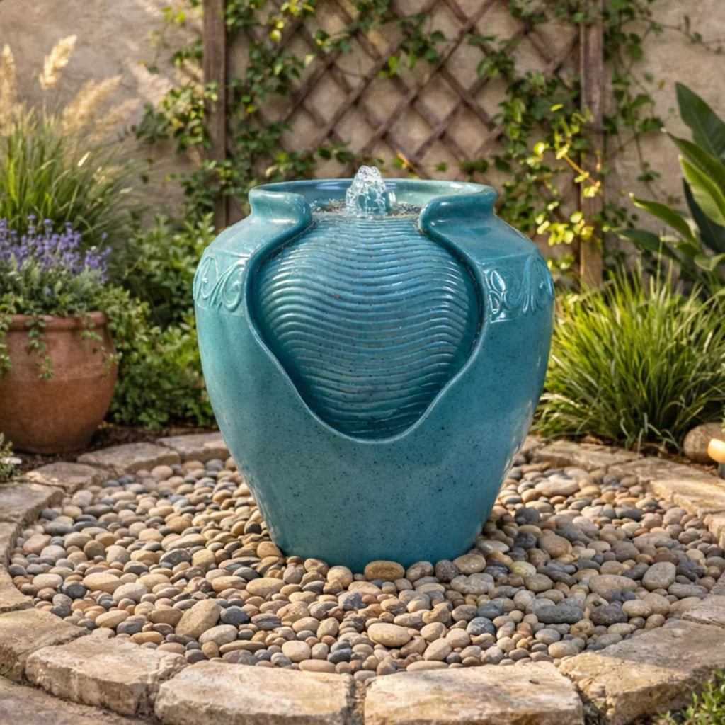 Floor Glazed Pot Water Fountain with Built-in LED Light and Pump Indoor Patio Garden Backyard Decking Home Décor, 17